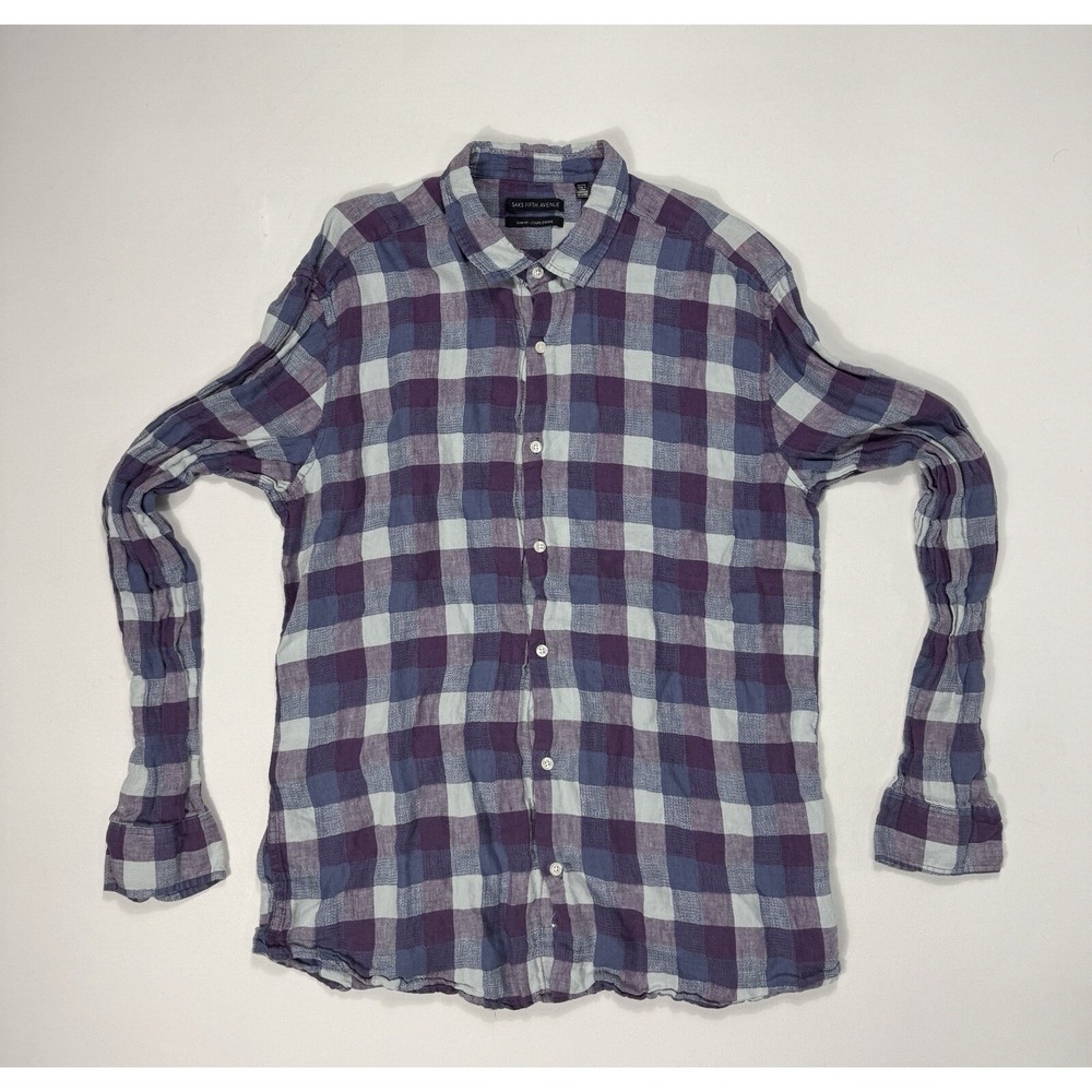 Saks Fifth Avenue Slim Fit Men’s 2XL Button Shirt 100% Linen Purple Plaid Lounge